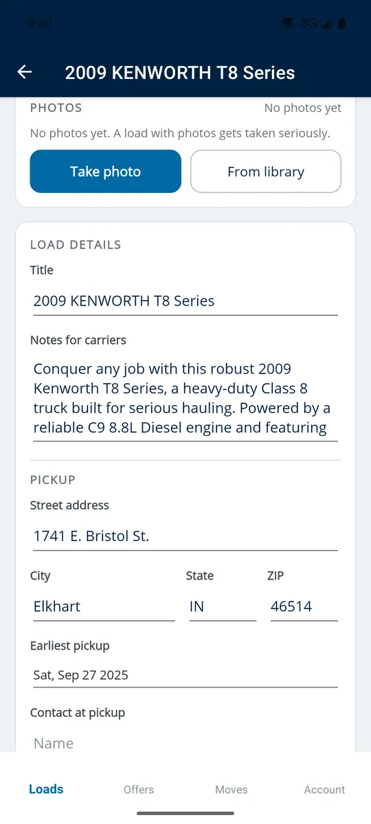The MoveMyTruck app documents screen with the DOT inspection PDF attached to a listing