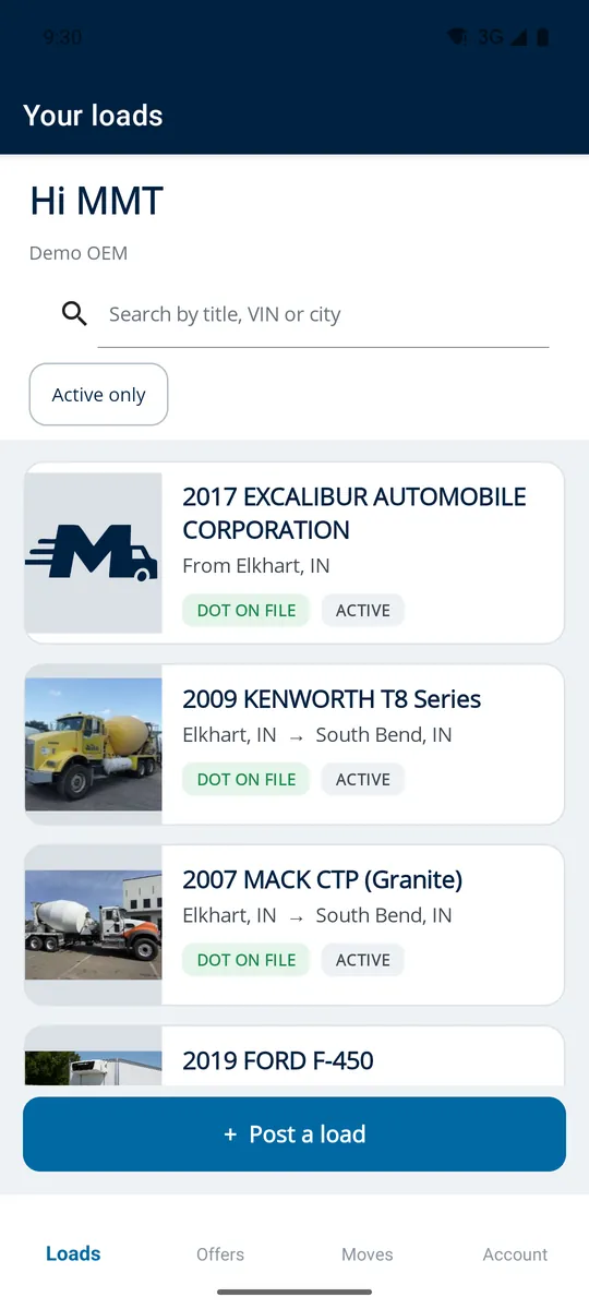 The MoveMyTruck app load list showing posted trucks with DOT ON FILE and ACTIVE badges
