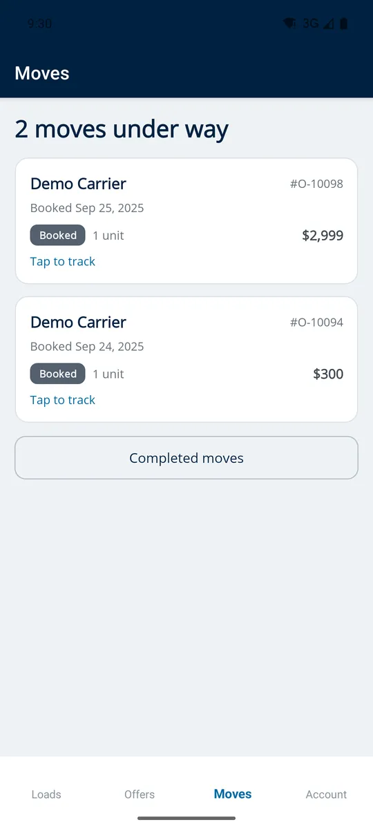 Booked moves in the MoveMyTruck app, each showing its carrier and agreed price