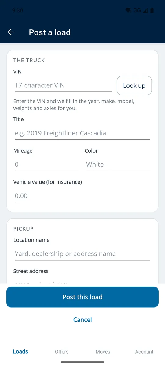 Posting a load in the MoveMyTruck app, with the VIN field and decoded truck details