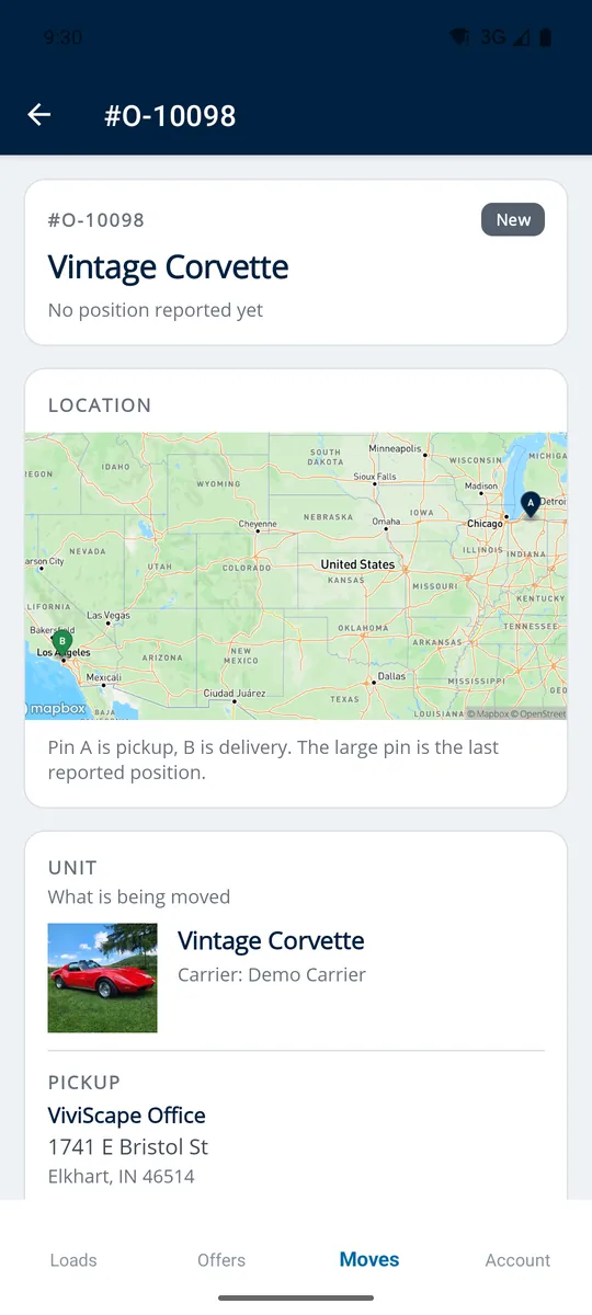 Live tracking in the MoveMyTruck mobile app, with the route map and delivery pins